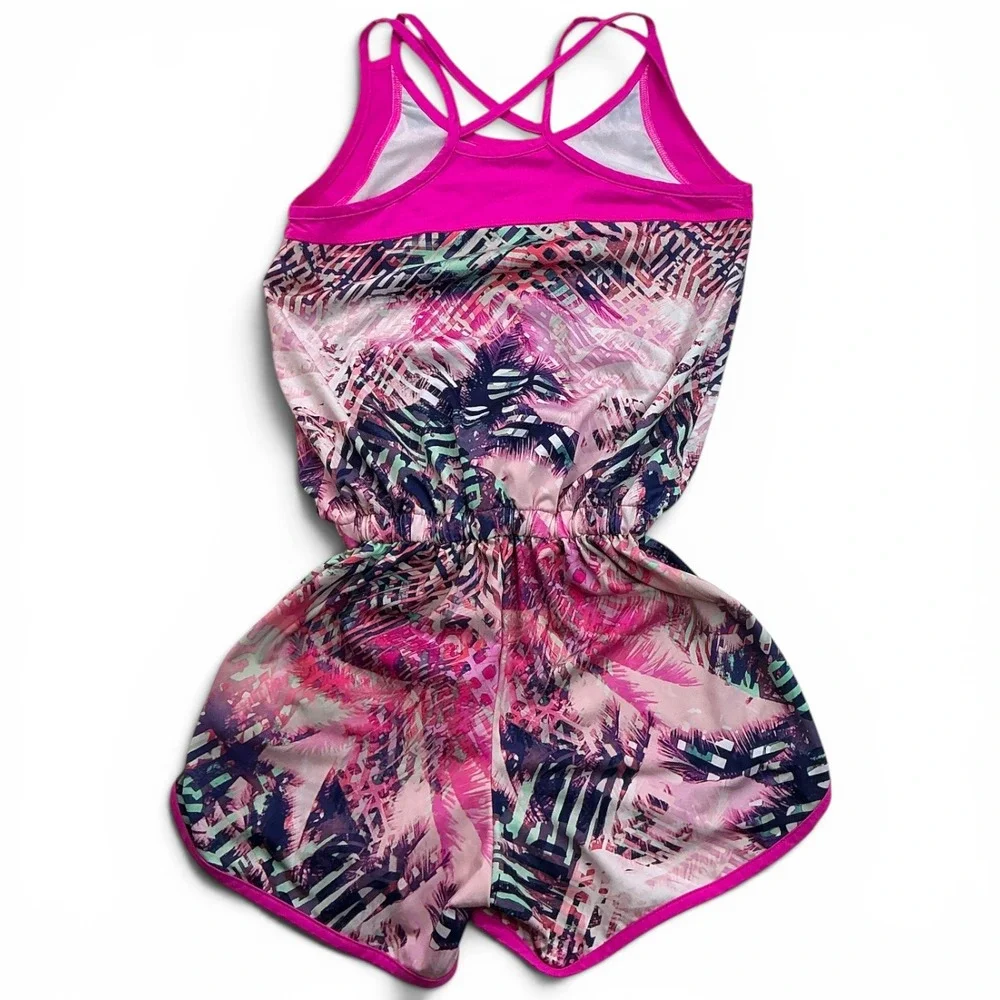Athletic Works Pink Tropical Romper Kids Sz L 10-12 Crisscross Back AWG29S200BH